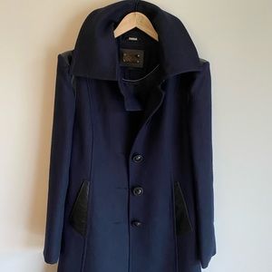 Mackage Wool Coat, Large, Navy sparkle and black leather